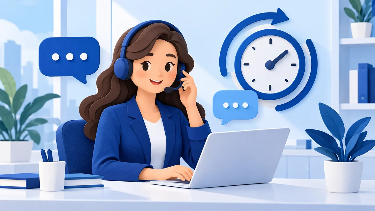 Customer service dengan headset, chat, dan jam 24 jam