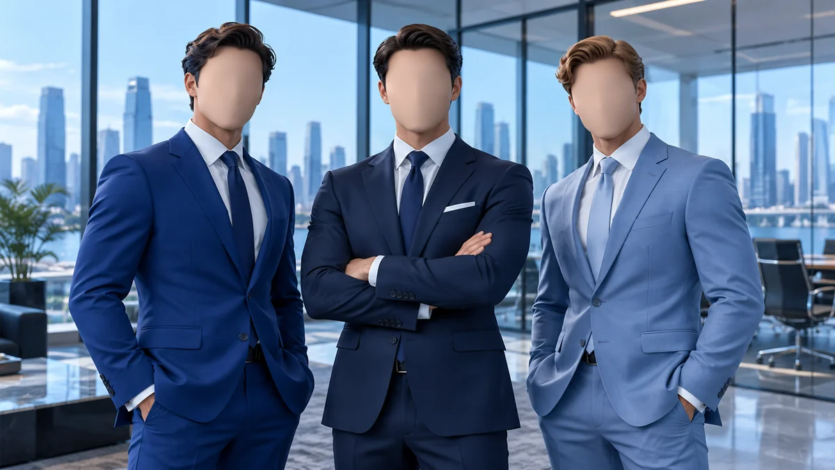 Tiga pria tanpa wajah berpose meyakinkan di ruang kantor modern